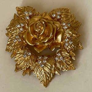 Elizabeth Taylor for Avon Rose clear rhinestone matte gold, satin gold  Brooch