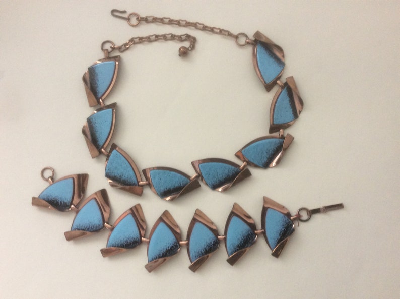 Copper blue bracelet set black enamel necklace