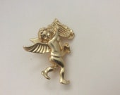 Matte gold, satin gold angel cherub playing lyre figural brooch