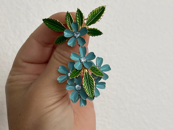 Blue, green enamel, blue rhinestone  flowers dang… - image 3