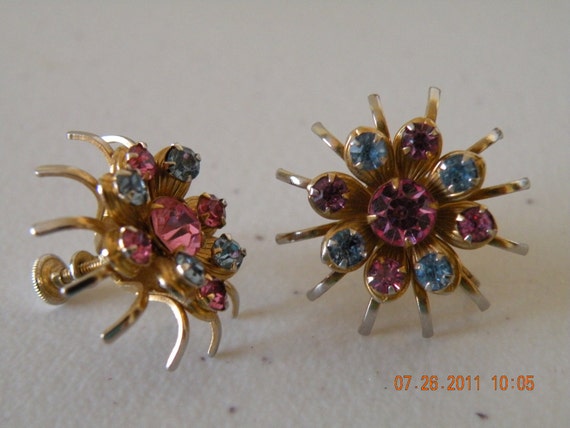 Flowers screw back earrings. Pink and blue rhines… - image 1