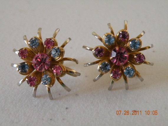 Flowers screw back earrings. Pink and blue rhines… - image 2