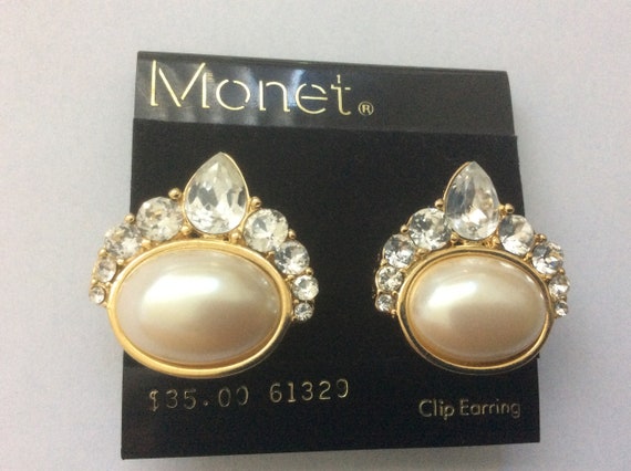 Monet YSL faux pearl, clear rhinestone clip-on ea… - image 1