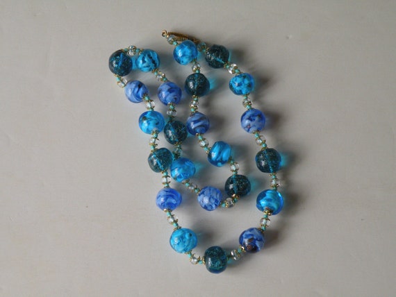 Blue glass beads, clear beads necklace. Lampwork … - image 1