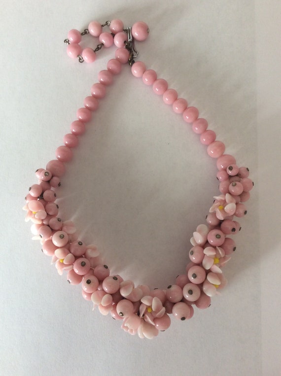 Pink Glass Roses, Flowers, pink glass beaded neckl