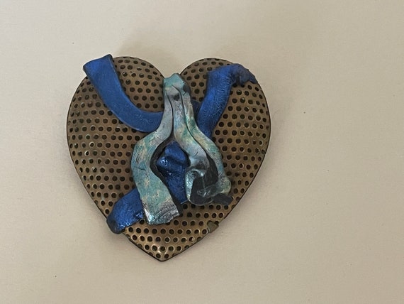 Handmade metal, polymer clay heart brooch - image 2