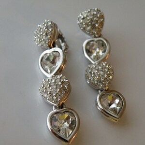 Swarovski Austrian Crystal heart dangling clip - on earrings. Swan logo. 1990-s.