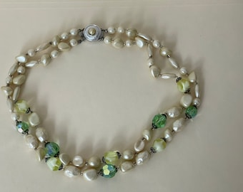 Austria Made in Austria double strand faux pearls, green aurora borealis crystal, givre glass necklace