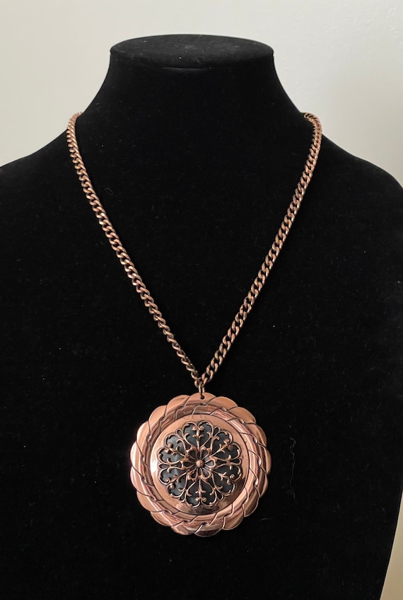 RENOIR Signed Copper Floral Medallion Pendant Neck