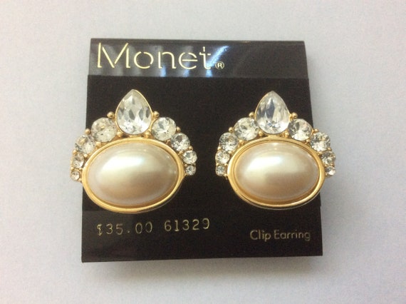 Monet YSL faux pearl, clear rhinestone clip-on ea… - image 2