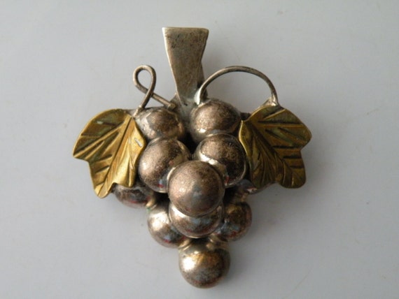 Mexican Sterling  Silver Brass Grape brooch pin p… - image 1