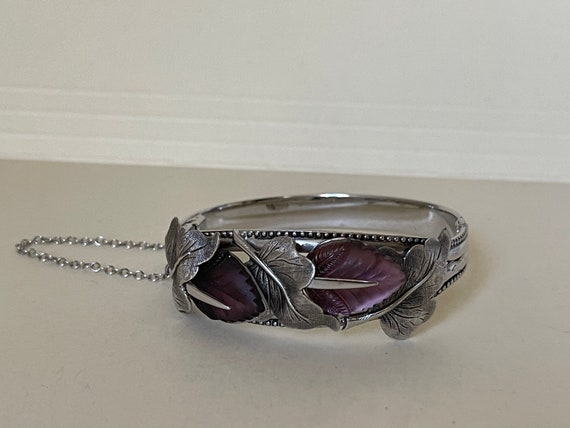 Purple frosted glass leaf silver plated bangle, h… - image 5