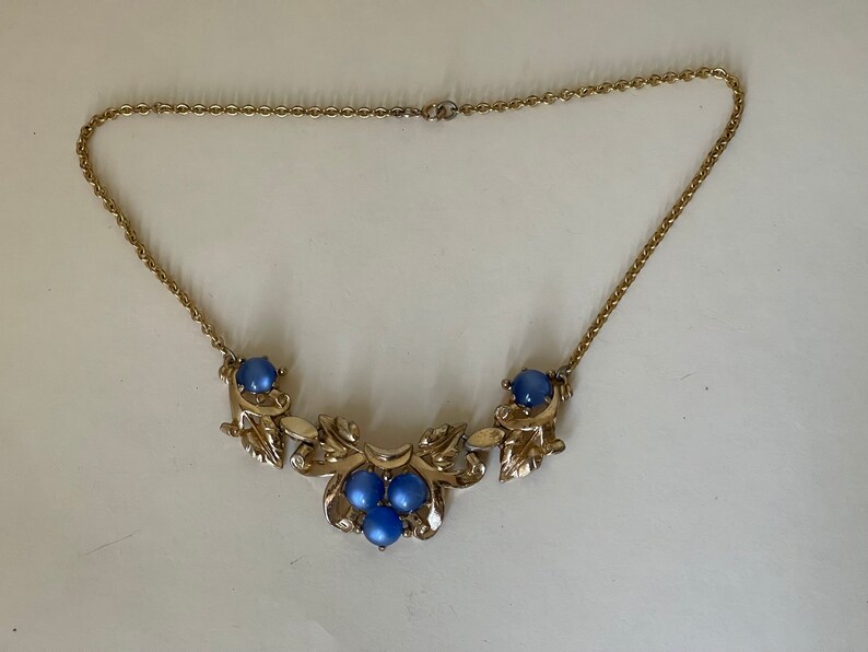 Coro Blue moonglow necklace. 12K gold filled chain image 2