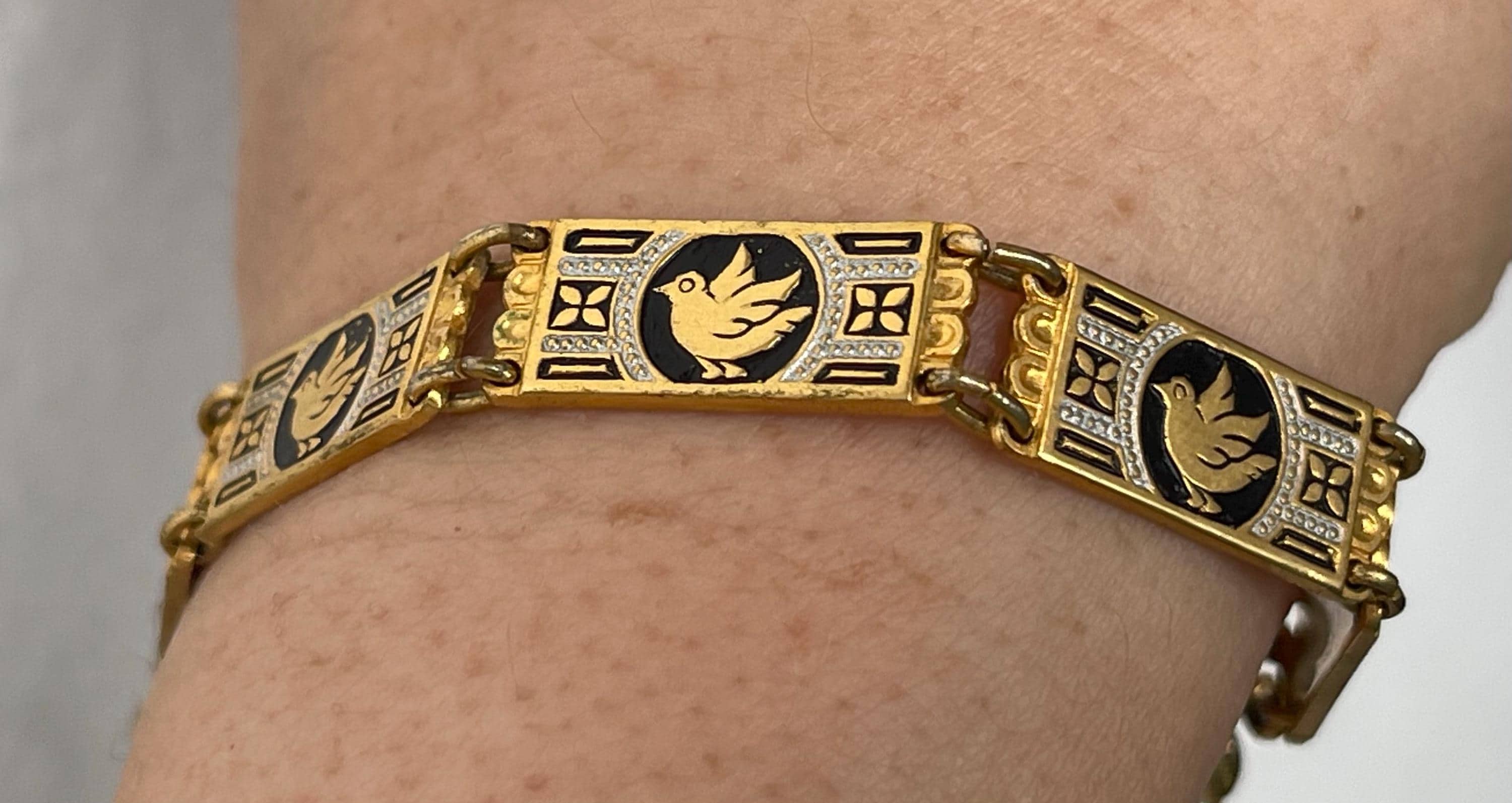 Vintage Damascene Bird link bracelet 7"