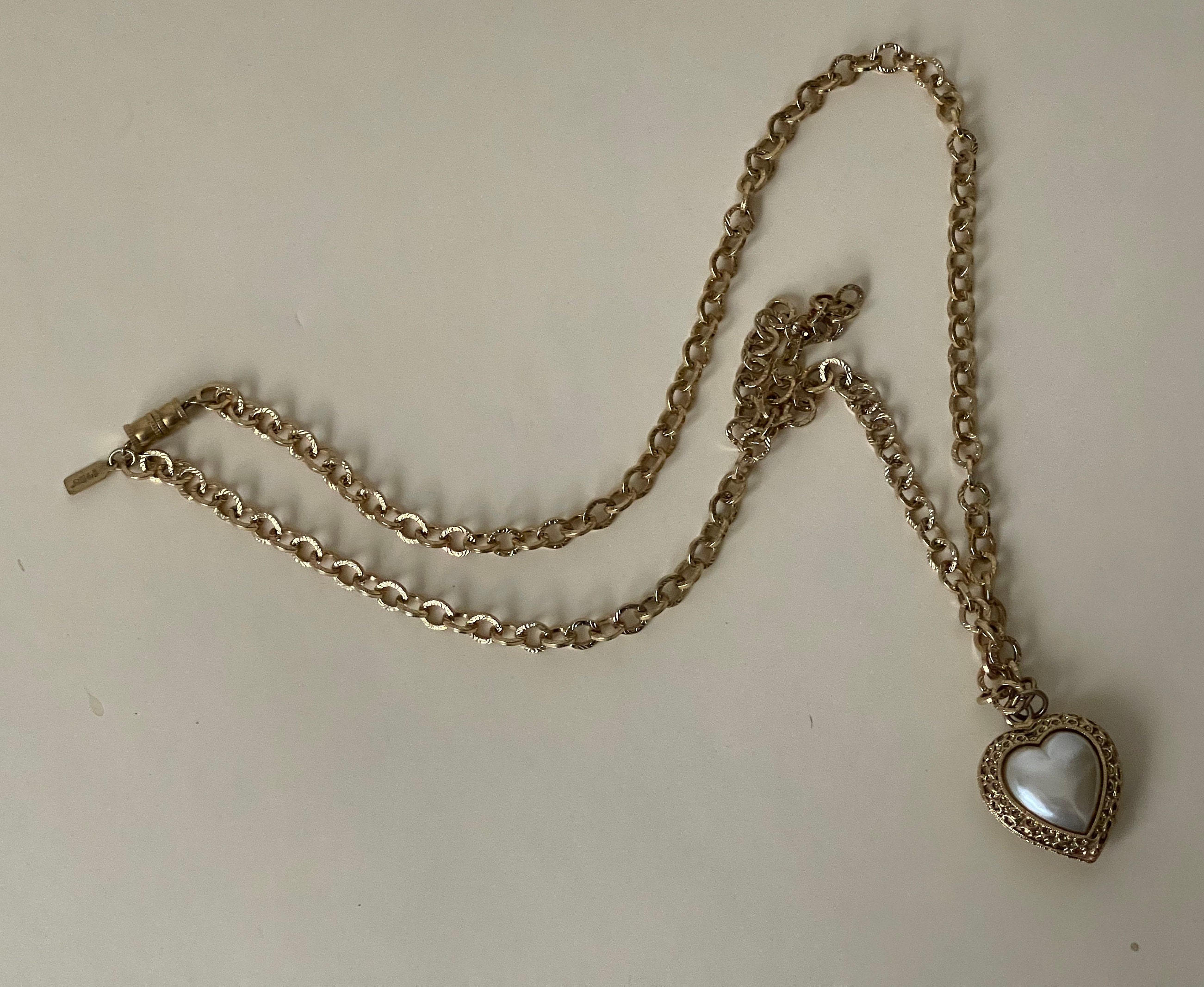 1928 Faux Pearl Heart Pendant Necklace. Double Sided, Reversible