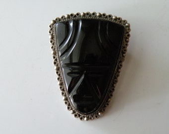 Mexican sterling silver carved black onyx face mask brooch