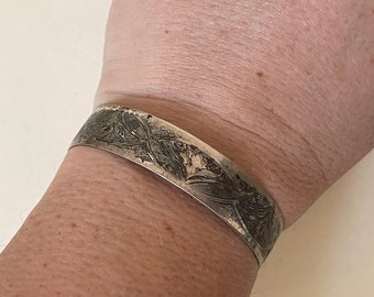 Danecraft sterling silver 925 etched floral design cuff bracelet adjustable