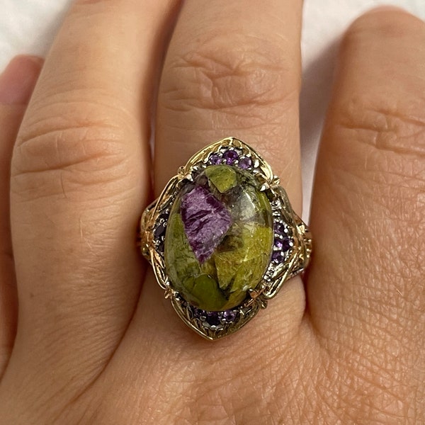 Purple Stichtite in Serpentine, amethyst ring - Platinum over Sterling Silver, gold vermeil   Atlantisite Ring - Size 9 1/4