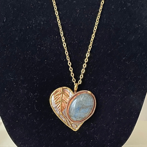 Large Labradorite cabochon, heart, leaf pendant. Mixed metals. Handmade