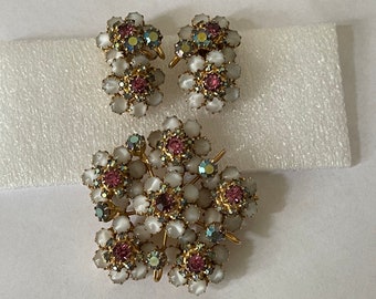 Juliana moonglow, moonstone, pink, aurora borealis rhinestone flower brooch-pendant, clip-on earrings