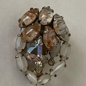 Schreiner unmarked moonglow white, Venetian glass rhinestone brooch pendant