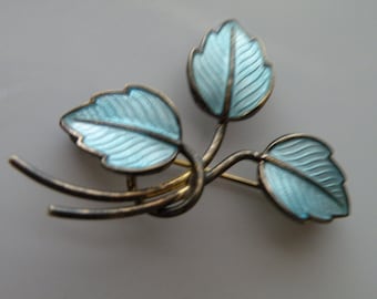 JEMAX Denmark sterling silver leaves brooch. Blue enamel.
