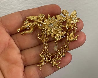 Broche de diamantes de imitación con forma de estrella, ángeles y querubines de Kirks Folly, color menta
