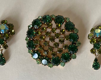 Austria green rhinestone, aurora borealis rhinestone brooch, clip-on earrings.Set