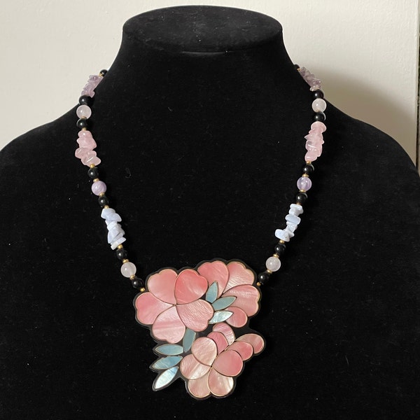 Lee Sands Mother of Pearl Inlay flower , Rose Quartz,  blue lace agate., black onyx, amethyst beads  pendant necklace