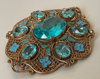 Czech Czechoslovakia unmarked Paraiba blue rhinestone, blue, green enamel flower, filigree brooch