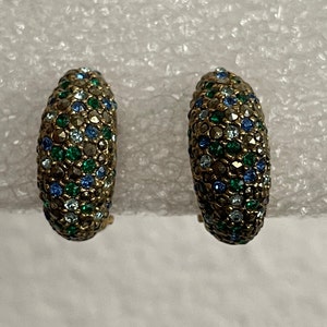 Les Bernard gold plated rhinestone, faux marcasite  hoop clip-on earrings