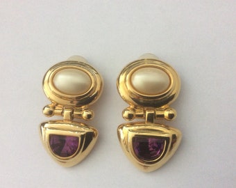 Joan Rivers faux pearl, amethyst glass, purple rhinestone clip-on earrings