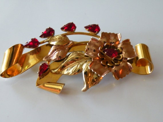 Flower brooch. Sterling silver, gold filled, rhin… - image 3