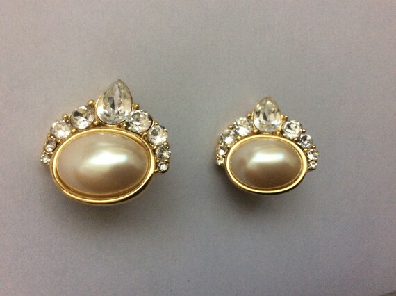 Monet YSL faux pearl, clear rhinestone clip-on ea… - image 6