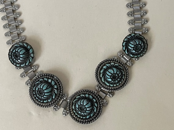 Art Deco Necklace Choker Necklace Carved blue pla… - image 2