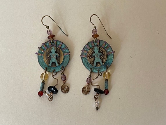 Green brass tribal people aztec earrings Handmade - image 1