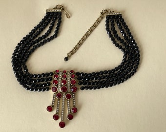 Heidi Daus "An affair to remember" 4 strand beaded necklace black and red. Art Deco style