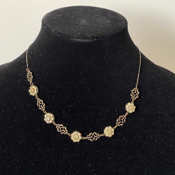 Liz Palacios SF Swarovski yellow  crystal  floral, filigree  necklace