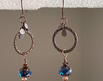 Handmade dangle, drop earrings. Czech  fire - polished beads, crystals, copper color metal