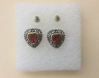 Heart red rhinestone pierced earrings, stud earrings