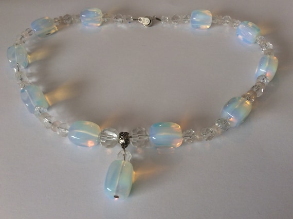 Moonstone glass, clear crystal beaded necklace. P… - image 1