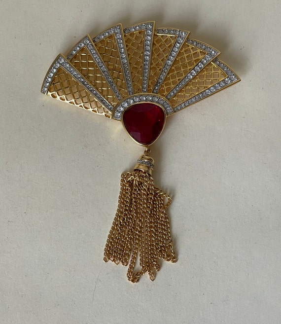 Swarovski red, clear crystals fan gold plated  bro