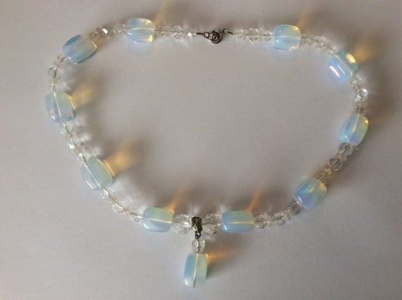 Moonstone glass, clear crystal beaded necklace. P… - image 5