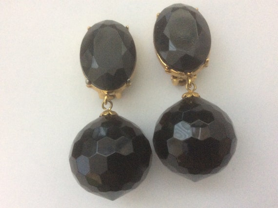 Les Bernard black faceted ball dangle drop clip-on