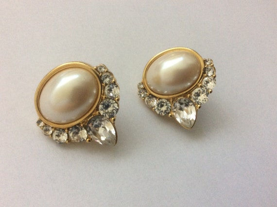 Monet YSL faux pearl, clear rhinestone clip-on ea… - image 4