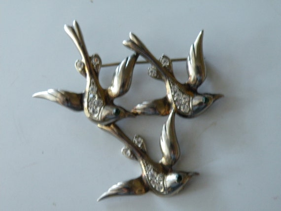 Sterling silver birds rhinestone brooch pin - image 3