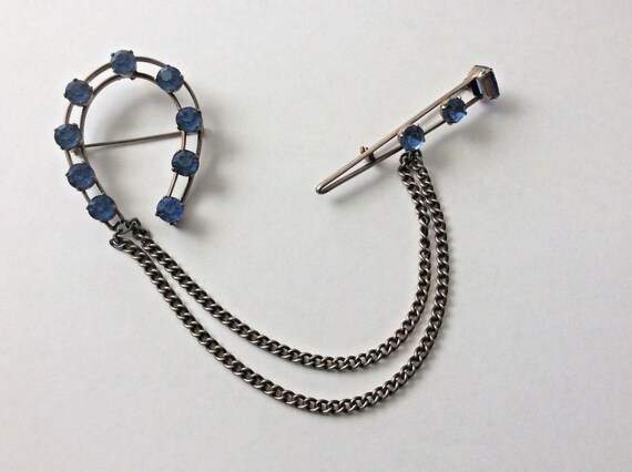 Sterling silver horseshoe and horseshoe nail chatelaine double brooch