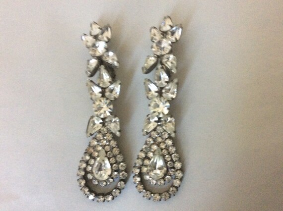 Clear rhinestone dangle drop clip-on earrings 3.25