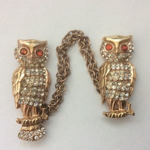 Owl Brooch, Double Brooch, Owl Jewelry Rhinestone Brooch, Rhinestone Jewelry Gold Brooch, Bird Brooch, Chain Brooch
