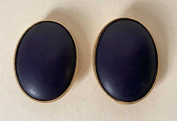Ellen designs blue cabochon, matte textured gold clip-on earrings